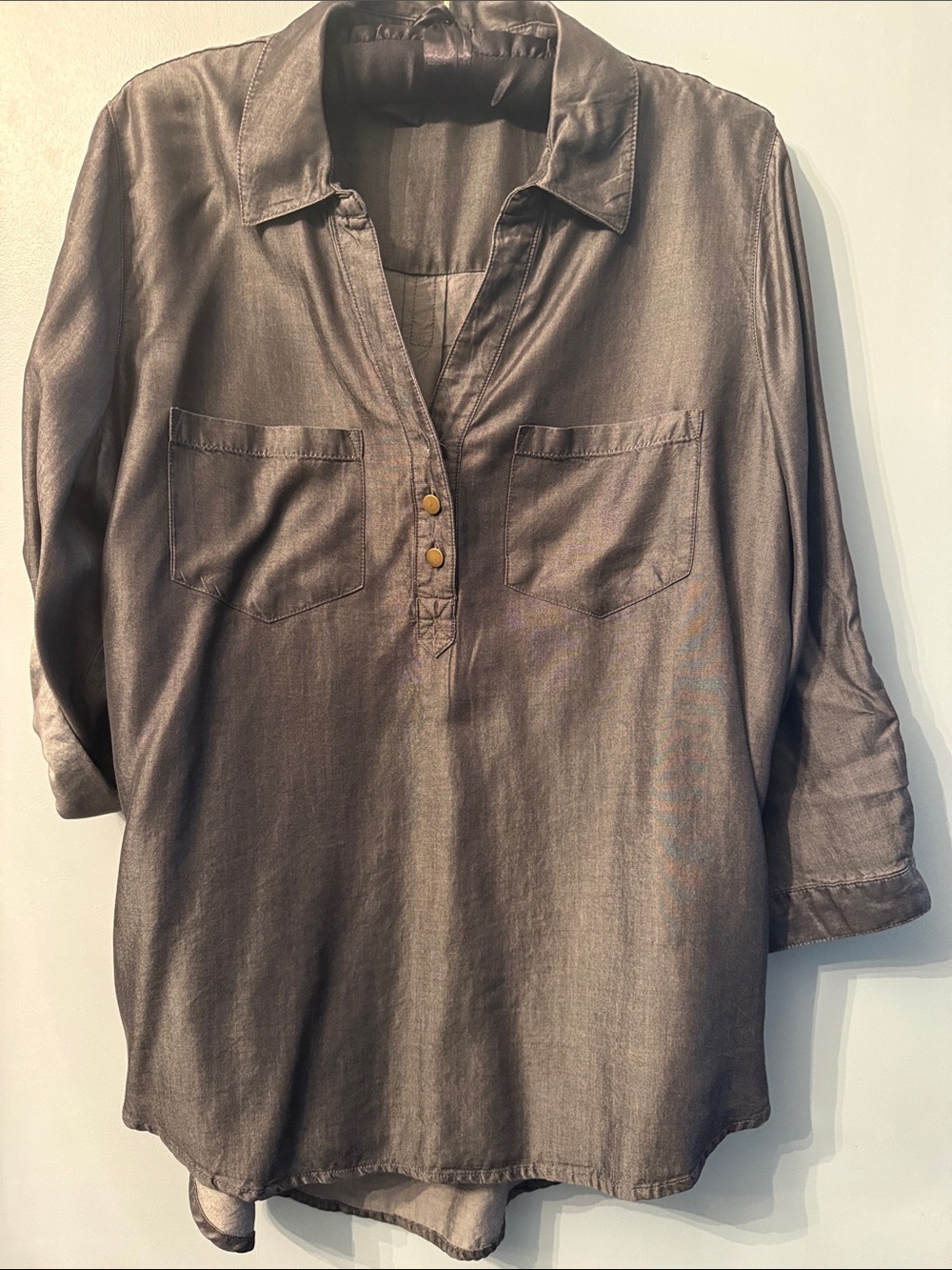 Cyrus Women's Shimmery Charcoal Button Henley Tunic